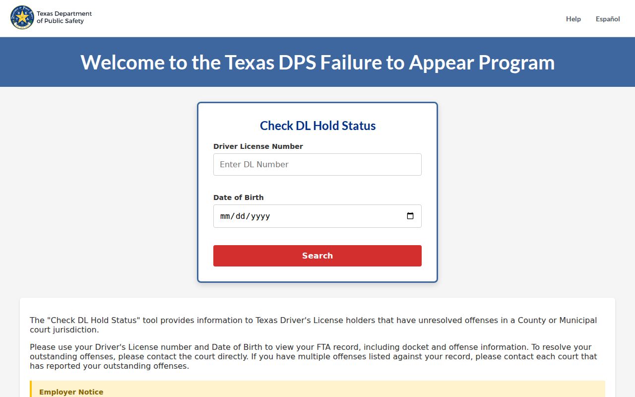Texas FTA and FTP status interface with license and birth-date fields