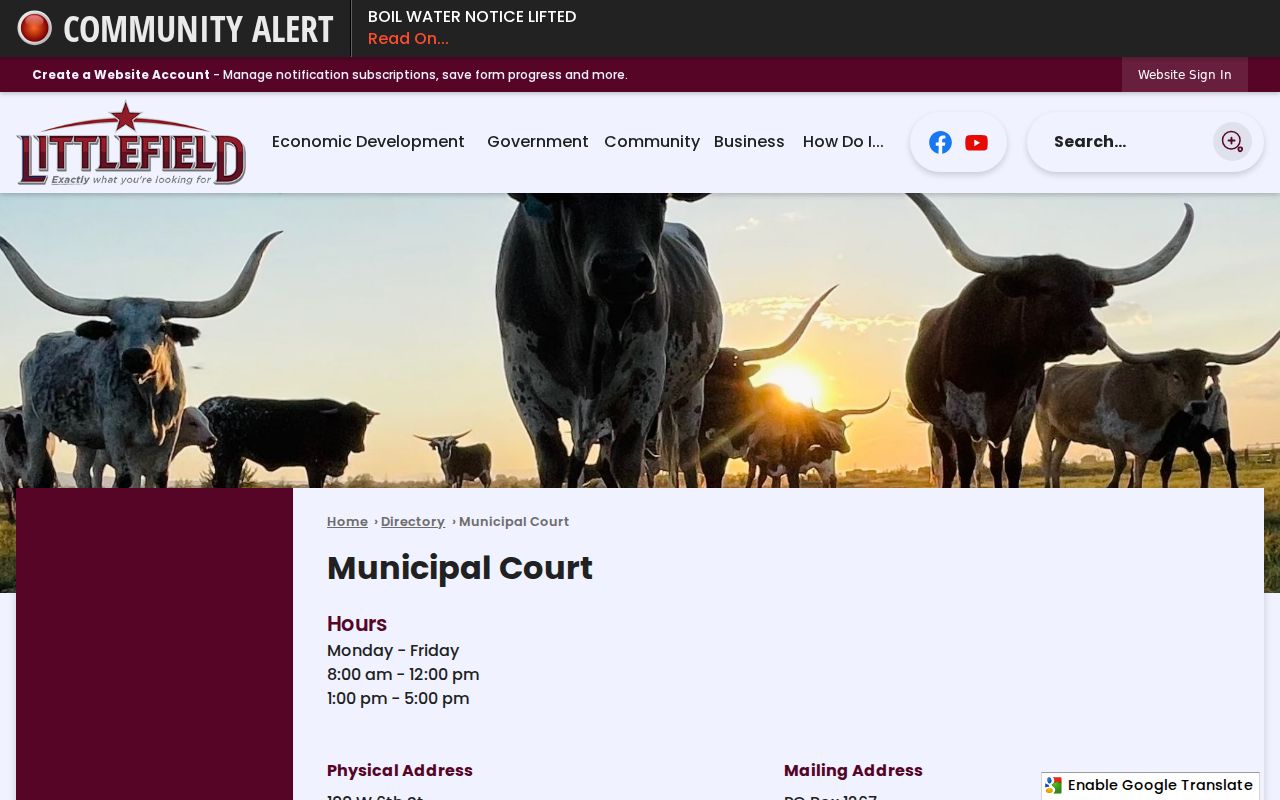 Texas OCA municipal court directory entry used for Amherst contact