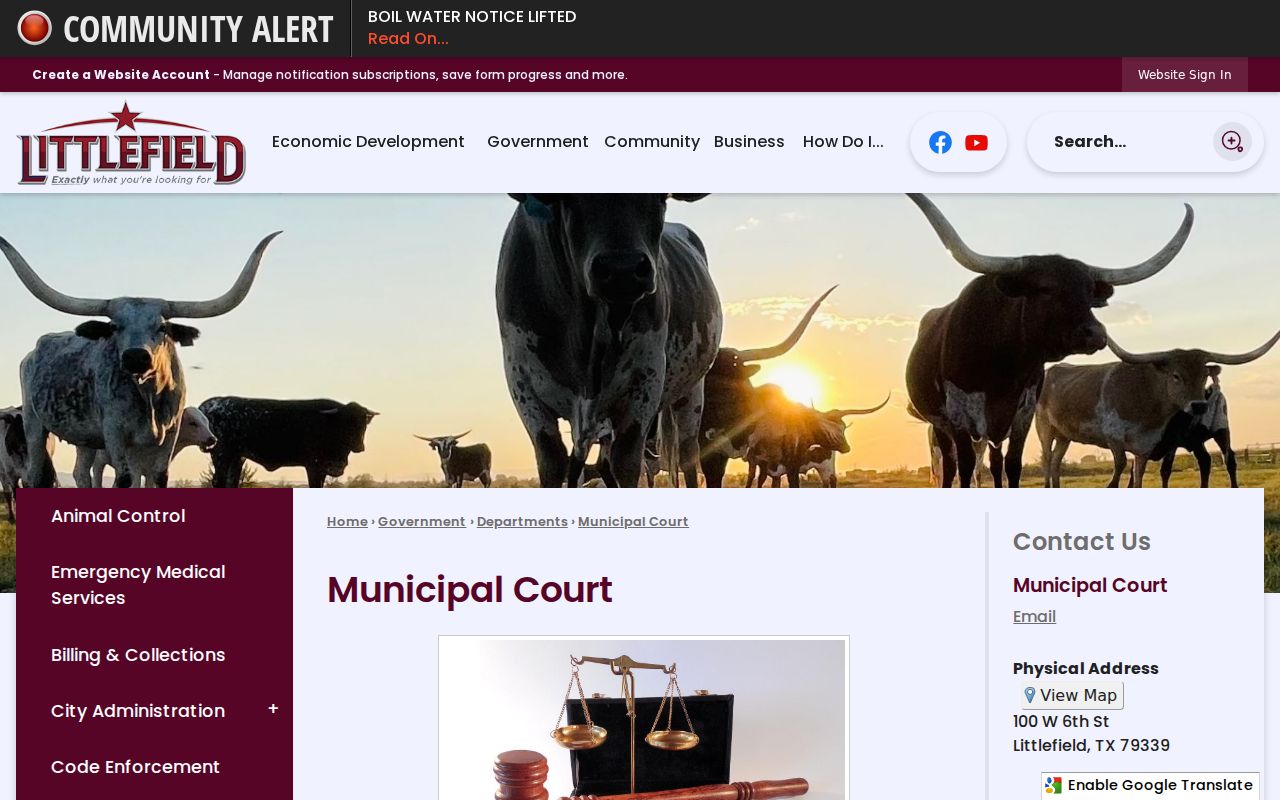 Littlefield Municipal Court page describing local court rules and contact options