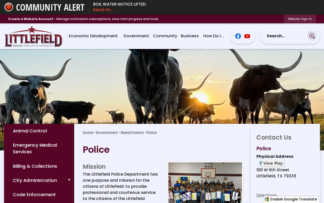 Littlefield Police Department contact page and general inquiry route