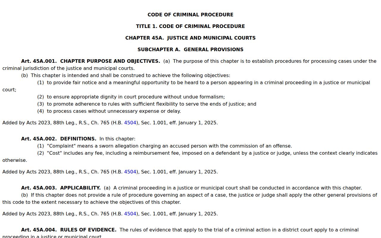 Texas Code of Criminal Procedure Chapter 45A warrant and capias provisions