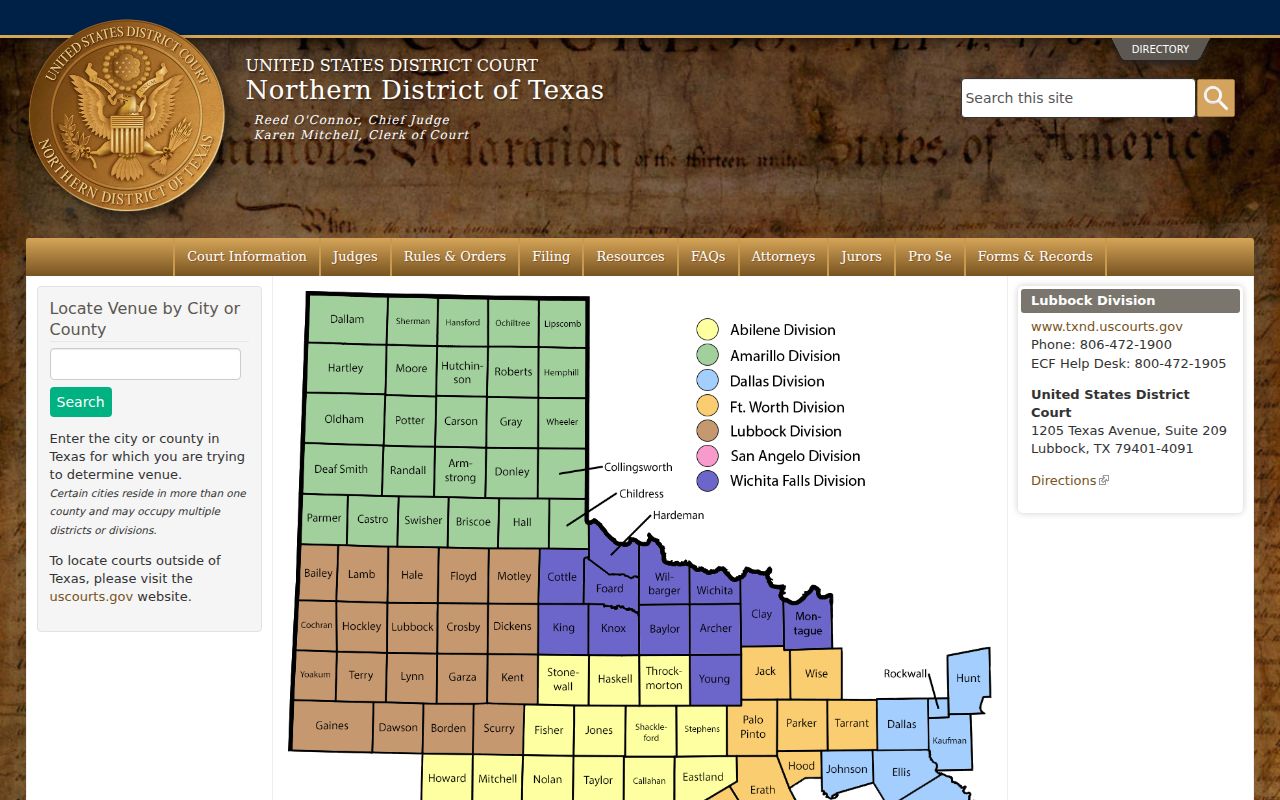 Northern District of Texas Lubbock Division court contact page