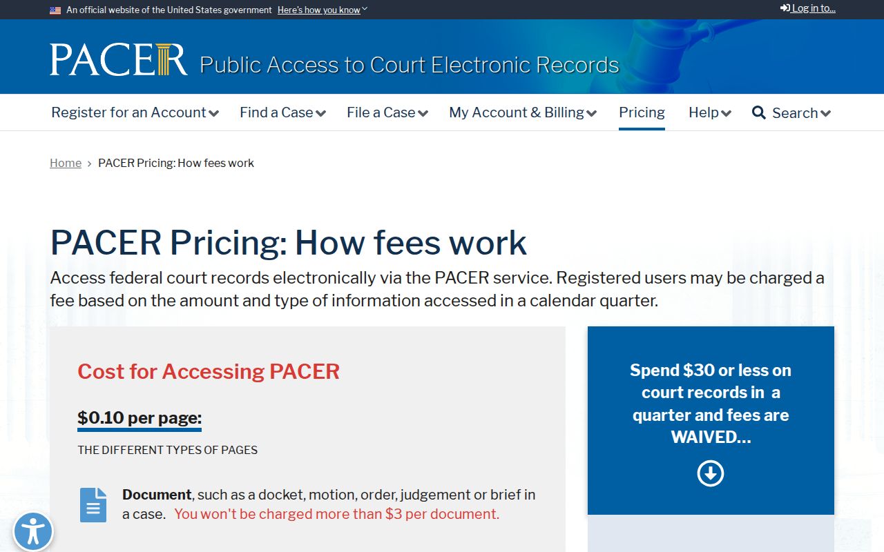 PACER federal court records pricing page