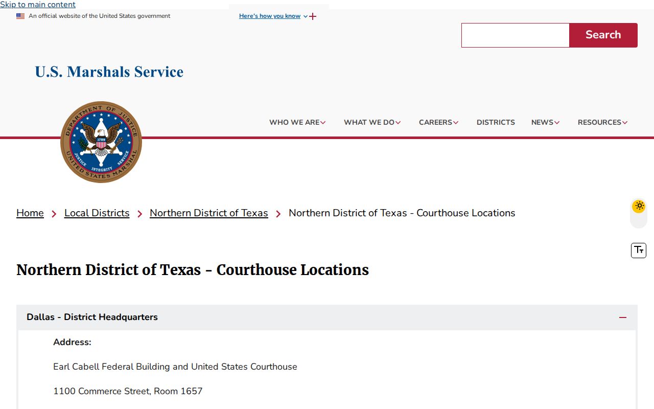 U.S. Marshals Service Northern District of Texas courthouse locations